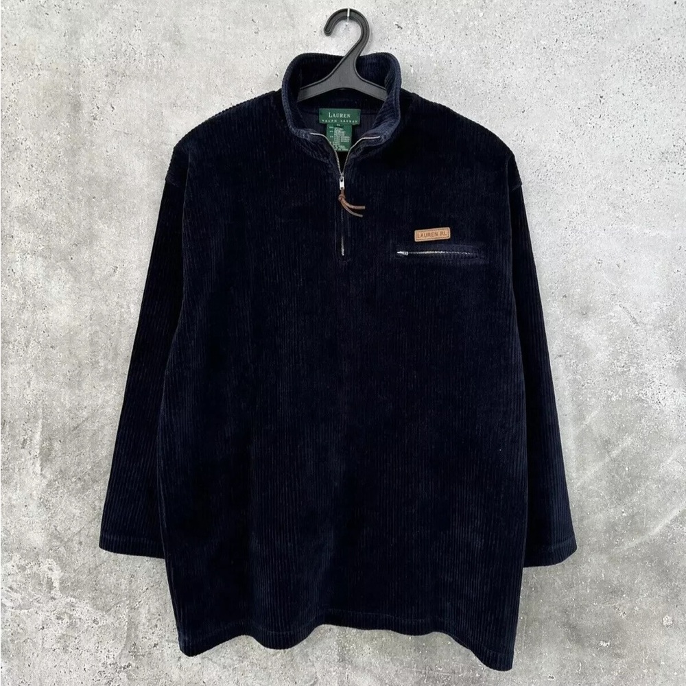 Time less Vintage Lauren Ralph Lauren Black Corduroy Quarter-Zip Pullover Medium